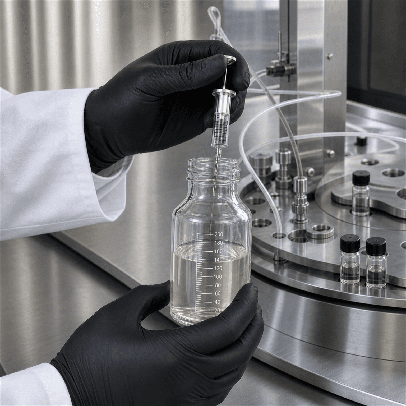 Laboratory analyst drawing a clear data-center coolant sample beside stainless analytical equipment